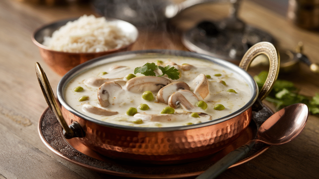 Malai Mushroom Matar With Cashew Cream